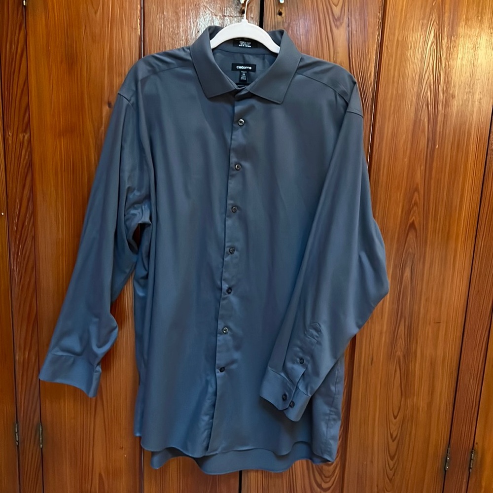 Claiborne men’s Grey dress shirt 18 34/35 long sleeve . Stripe pattern fabric.